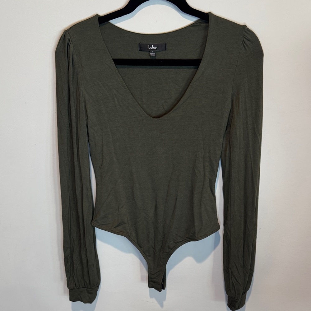 Lulu's V-Neck Olive Bodysuit